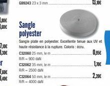 C3206235 mm, le m A/R-2500 daN  C32064 50 mm, le m. R/R-4000 daN  Sangle polyester  Sangle plate en polyester. Excellente tenue aux UV et haute résistance à la rupture. Coloris : écru.  C32060 25 mm, 