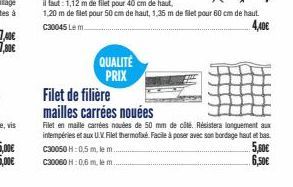 QUALITÉ PRIX  Filet de filière  mailles carrées nouées  Filet en maille carrées nouées de 50 mm de côté. Résistera longuement aux intempéries et aux UV. Filet thermofé. Facile à poser avec son bordage