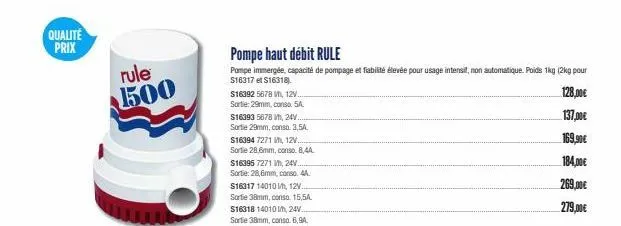 qualité prix  rule 500  $16392 5678 vh, 12v... sortie: 29mm, conso 5a:  $16393 5678 v, 24v.. sortie 29mm, conso. 3,5a $16394 7271 w, 12v... sortie 28.6mm, conso. 8,44  $16395 7271 v, 24v sortie: 28,6m