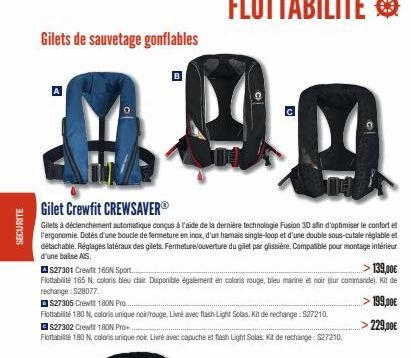 SECURITE  Gilets de sauvetage gonflables  Gilet Crewfit CREWSAVERⓇ  Gilets à déclenchement automatique conçus à l'aide de la dernière technologie Fusion 30 afin d'optimiser le confort et l'ergonomie. 