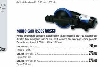 Pompe eaux usées JABSCO  Pompe à membrane compacte et silencieuse. Tête orientable à 360°. Ne nécessite pas  de filtre. Auto-amorçante jusqu'à 3 m, peut tourner à sec. Montage vertical possible. Encom