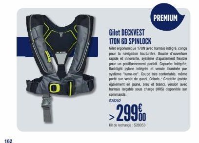 162  PREMIUM  Gilet DECKVEST  170N 6D SPINLOCK  Gilet ergonomique 170N avec hamais intégré, conçu pour la navigation hauturière. Boucle d'ouverture rapide et innovante, système d'ajustement flexible p