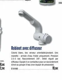 robinet avec diffuseur  coloris blanc, bec verseur orientable/pivotant. une manette: arrivée d'eau froide uniquement. pression 2.5-3 bar. raccordement 3/8". débit régulé par diffuseur. equipé d'un con