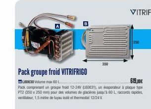 D  um  350  Pack groupe froid VITRIFRIGO  L60630 Volume max 60 L  619,00€  Pack comprenant un groupe froid 12-24V (L60831), un évaporateur à plaque type PT2 (350 x 250 mm) pour des volumes de glacière