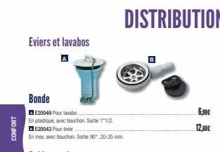 confort  eviers et lavabos  bonde  ae20049 pour lavabo..  en plastique, avec bouchon. sortie 1"1/2  e20043 pour évier  en inox, avec bouchon. sortie 90°, 20-25 mm.  6,90€  12,60€  