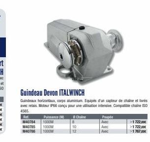 10 12  Ref. Puissance (W) Ⓒ Chaine M40784 1000W M40785 1000W M40786 1000W  Poupée  Avec  Avec  Avec  Guindeau Devon ITALWINCH  Guindeaux horizontaux, corps aluminium. Equipés d'un capteur de chaine et