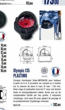 14,30€  16,20€  12,50€  9,40€  15,10€  8,40€  14,30€  16,20€  Olympic 135 PLASTIMO  SOLAS  MIC  Compas homologué Solas-MED96/98 pour bateaux à partir de 9 m. A encastrer sur console ou à monter sur la