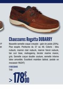 Chaussures Regatta DUBARRY  Nouvelle semelle coque creusée: gain de poids (20%). Plus souple. Pointures du 37 au 48. Coloris bleu nubuck, marron clair nubuck, marron foncé nubuck, tan cuir lisse, maho