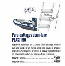 MADE BY PLASTIMO  Pare-battages demi-lune PLASTIMO  Système ingénieux de 3 petits pare-battage montés sur une sangle d'un mètre avec une boucle à chaque extrémité. Conçu pour protéger la coque ou les 