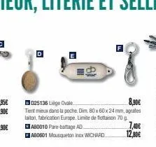 025136 liège ovale.  8,90€  tient mieux dans la poche. dim. 80 x 60 x 24 mm, agrales laiton, fabrication europe. limite de flottaison 70 g  ab0010 pare-battage ad  a80601 mousqueton inox wichard...  l