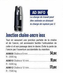 AD INFO  La charge de travail peut être estimée en divisant  la charge de rupture par 3  Jonction chaîne-ancre inox  Tout en assurant une jonction parfaite de la chaine et de l'ancre, cet accessoire f