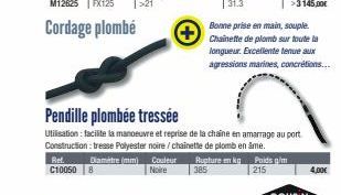 +  Ref. Diamètre (mm) Couleur Rupture en kg C10050 Noire 385  Pendille plombée tressée  Utilisation facilite la manoeuvre et reprise de la chaine en amarrage au port Construction: tresse Polyester noi