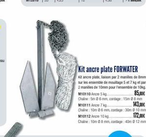 Kit ancre plate FORWATER  Kit ancre plate, liaison par 2 manilles de 8mm sur les ensemble de mouillage 5 et 7 kg et par 2 manilles de 10mm pour l'ensemble de 10kg. M10110 Ancre 5 kg.  85,00€  Chaine: 