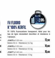 Fil FLUORO K*100% KERFIL  Fil 100% fluorocarbone transparent. Idéal pour les bas de ligne nécessitant discrétion et résistance à l'abrasion  J10475 0.30 mm.  Bobine 50 m-Résistance: 6.2 kg  J10476 0.3