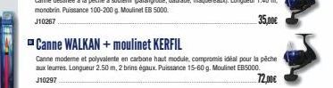 Canne WALKAN + moulinet KERFIL  Canne moderne et polyvalente en carbone haut module, compromis idéal pour la pêche aux leurres. Longueur 2.50 m, 2 brins égaux. Puissance 15-60 g. Moulinet EB5000. J102