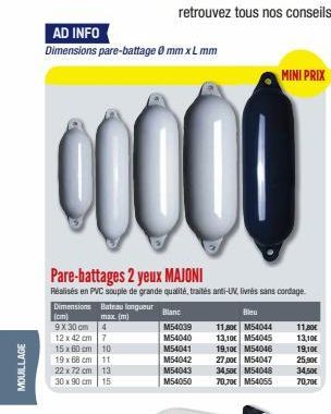 MOUILLAGE  AD INFO Dimensions pare-battage 0 mm x L mm  Dimensions Bateau longueur  max. (m)  cocco  Pare-battages 2 yeux MAJONI  Réalisés en PVC souple de grande qualité, traités anti-UV, livrés sans