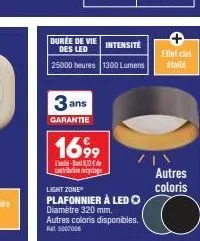 durée de vie des led  25000 heures 1300 lumens  3 ans  garantie  1699  -  contribution recyclage  intensité  light zone  plafonnier à led ⓒ  diamètre 320 mm. autres coloris disponibles. rt5007008  aut