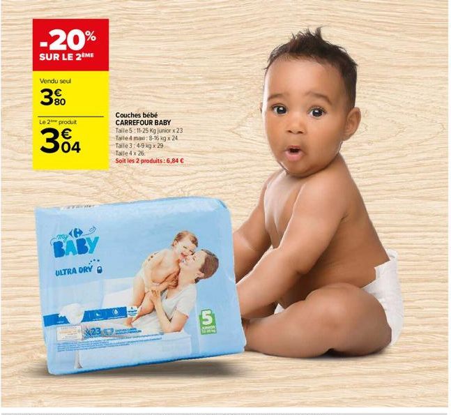 -20%  SUR LE 2ÈME  Vendu seul  3%  Le 2 produit  304  TYRREC  BABY  ULTRA DRY  23  Couches bébé CARREFOUR BABY  Taille 5:11-25 Kg junior x 23 Talle 4 max: 8-16 kg x 24 Taille 3:4-9 kg x 29 Taille 4 x 