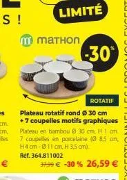 !  mmаthоn  limité  rotatif  plateau rotatif rond ø 30 cm +7 coupelles motifs graphiques plateau en bambou ⓒ 30 cm, h 1 cm. 7 coupelles en porcelaine (8,5 cm, h4 cm-011 cm, h 3,5 cm).  réf. 364.811002