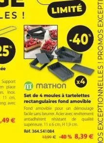 limité  x4  m mathon  set de 4 moules à tartelettes rectangulaires fond amovible fond amovible pour un démoulage facile sans beurrer. acier avec revêtement antiadhérent résistant de qualité supérieure