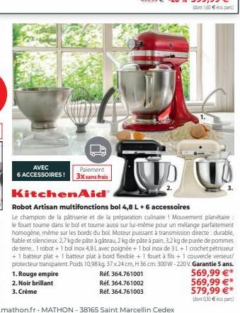 AVEC  Paiement  6 ACCESSOIRES! 3x sans frais  KitchenAid  Robot Artisan multifonctions bol 4,8 L + 6 accessoires  Le champion de la pâtisserie et de la préparation culinaire ! Mouvement planétaire : l