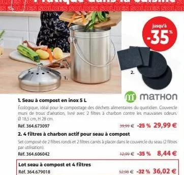 m mathon  1. seau à compost en inox 5 l ecologique, idéal pour le compostage des déchets alimentaires du quotidien. couvercle muni de trous d'aération, livré avec 2 filtres à charbon contre les mauvai