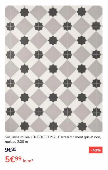sol vinyle rouleau bubblegum2, carreaux ciment gris et noir, rouleau 2.00 m  5€99 le m²  -40% 