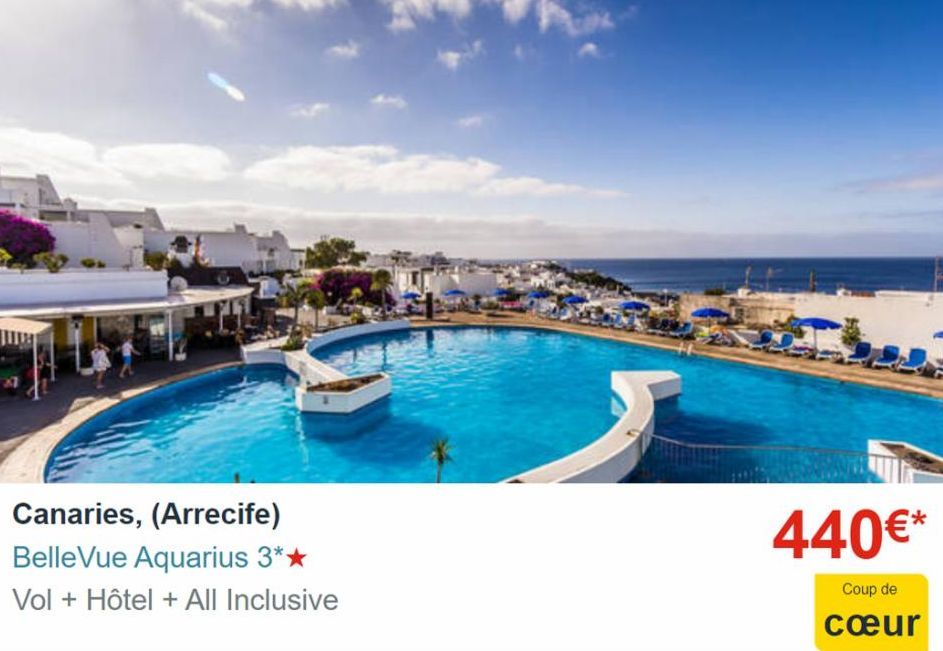 Canaries, (Arrecife)  BelleVue Aquarius 3*★  Vol + Hôtel + All Inclusive  440€*  Coup de  cœur  