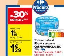 Vendu seul  195  Lekg: 13,21€  le 2 produ  -30%  SUR LE 2  129  Ke Produits  Carrefour  THEA  THON ENTIEN  MUTRI-SCORE  Thon au naturel  Péché à la canne CARREFOUR CLASSIC 190 g.  Soit les 2 produits: