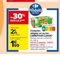 -30%  sur le 2m  vendusel  85 lekg: 178 €  le 2 produt  produits  carrefour  nutri-score  compotes allégées en sucres carrefour classic parfums assortis ou pomme, 16 x 100 g.  soit les 2 produits: 4,8