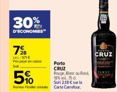 30%  D'ÉCONOMIES  728  LeL:971€ Prix payé en conse Son  Porto  CRUZ  Rouge, Blanc ou Rose, 18% vol. 75 d. Soit 2,18 € sur la Remise de dédute Carte Carrefour.  5%  PORTO  CRUZ 