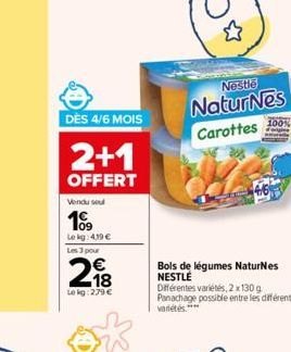 DÈS 4/6 MOIS  2+1  OFFERT  Vendu seul  109  Lekg: 4,19 € Les 3 pour  218  Lekg: 279 €  ☆  Nestlé  NaturNes  Carottes  100%  Bols de légumes NaturNes NESTLÉ Différentes variétés, 2 x 130 g Panachage po