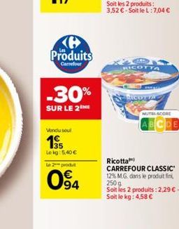 (e Produits  Carrefour  -30%  SUR LE 2 ME  Vondu soul  135  Lekg: 5,40 € Le 2 produt  094  491 RICOTTA  NUTRACORE  ABCDE  Ricotta  CARREFOUR CLASSIC" 12% M.G. dans le produit fini, 250 g  Soit les 2 p