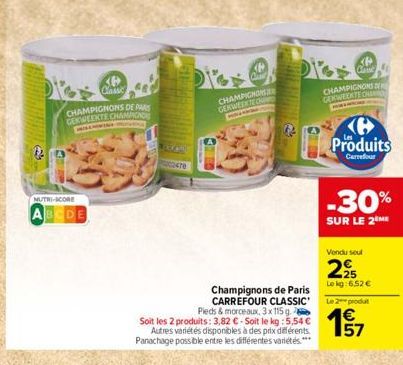 NUTRI-SCORE  ABCDE  Classic  CHAMPIGNONS DE PAR GEKWEEKTE CHAMPION  2470  Champignons de Paris CARREFOUR CLASSIC' Pieds & morceaux, 3x115g Soit les 2 produits: 3,82 €-Soit le kg : 5,54 € Autres variét