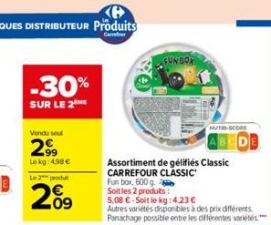 -30%  SUR LE 2  Vendu soul  2⁹⁹9  Le kg: 4,98 €  Le 2 produt  209  FUNBOX  NUTRI-SCORE  Assortiment de gélifiés Classic CARREFOUR CLASSIC  Fun box, 600 g. Soit les 2 produits:  5,08 € - Soit le kg: 4,