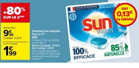 Vendu seul  995  L'unité(e): 0,22 €  Le 2 produit  199  -80%  SUR LE 2ÈME  Tablettes lave-vaisselle Tout en 14  SUN Classique, Citron ou Hygiène par 45, 788 g Soit les 2 produits: 11,94 C-Soit l'unité