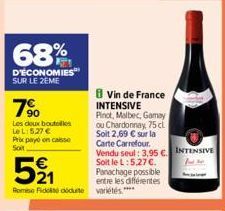 68%  D'ÉCONOMIES SUR LE 2EME  7%  Les deux boutellos Le L:5.27 €  Prix payo on caisse Soit  521  Romie Fididide variétés ****  Vin de France INTENSIVE  Pinot, Malbec, Gamay ou Chardonnay, 75 cl Soit 2