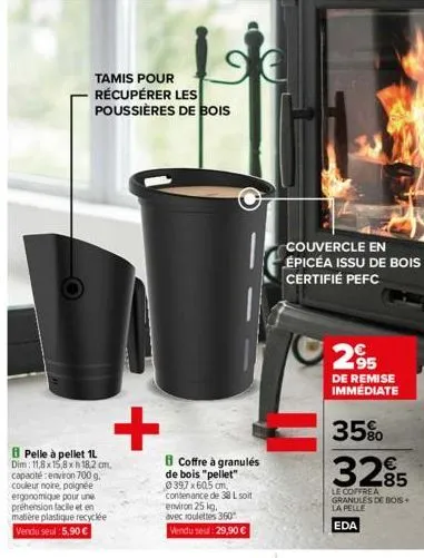 tamis pour récupérer les poussières de bois  b pelle à pellet 1l  dim: 11,8x15,8 x h 18.2 cm, capacité:environ 700 g. couleur n ur noire, poignée ergonomique pour une préhension facile et en matière p