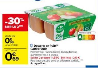 -30%  SUR LE 2 ME  Vindu seul  099  Le kg: 2,48 €  Le 2 produt  0%9  CA  Classe QUI BON!  Desserts de fruits CARREFOUR  POMME PORT  NUTRI-SCORE  ABCDE  Pomme Poire, Pomme/Abricot, Pomme/Banane ou Pomm