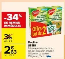 -34%  de remise immédiate  3.99  lel:2€  63  lel: 1,32 €  ciebig  liebio  wald  madde poireaux et  poireaux pommes de teme pommes de tame  offre  lot de 2  100%  arogans  mouliné  liebig  poireaux pom