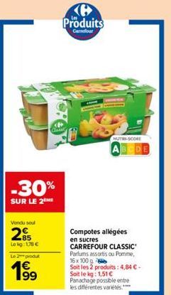 -30%  SUR LE 2  Vendu soul  285  Lokg: 178 €  Le 2 produt  Ke Produits  Carrefour  SHOW  NUTRI-SCORE  ABCDE  Compotes allégées  en sucres CARREFOUR CLASSIC Parfums assortis ou Pomme, 16x 100g Soit les