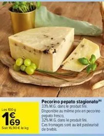 les 100 g  1€⁹  soit 16,90 € le kg  pecorino pepato stagionato 33% mg. dans le produit fini. disponible au même prix en pecorino pepato fresco  32% m.g. dans le produt fini. ces fromages sont au lait 