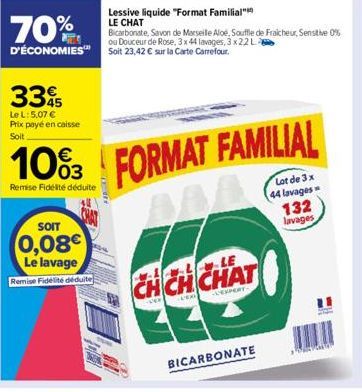 335  Le L: 5,07 € Prix payé en caisse Soit  SOIT  0,08€  Le lavage Remise Fidélité déduite  Lessive liquide "Format Familial LE CHAT  70%  Bicarbonate, Savon de Marseille Aloe, Souffle de Fraicheur, S