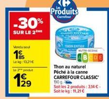 Vendu seul  195  Lekg: 13,21€  le 2 produ  -30%  SUR LE 2  129  Ke Produits  Carrefour  THEA  THON ENTIEN  MUTRI-SCORE  Thon au naturel  Péché à la canne CARREFOUR CLASSIC 190 g.  Soit les 2 produits: