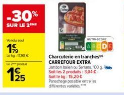 Vendu sou  199  Lokg: 17,90 €  Le produt  125  NUTI-SCORE  Charcuterie en tranches CARREFOUR EXTRA Jambon Italien ou Serrano, 100 g. Soit les 2 produits: 3,04 €-Soit le kg: 15,20 €  Panachage possible