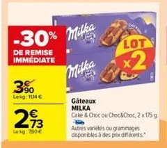 de remise immédiate  m -30% milka  milka  3%  lekg: 1114 €  273  €  lokg: 780 €  lot  x2  gâteaux milka  cake & choc ou choc&choc, 2 x 175 g  autres variétés ou grammages disponibles à des prix différ