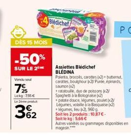 DÈS 15 MOIS  -50%  SUR LE 2⁰  Vendu soul  25 Lekg: 7,55 €  Le 2eme produt  362  Bledichef  Assiettes Blédichef BLÉDINA  + ratatouille, duo de poissons (2) Spaghetti à la Bolognaise (x2)  patate douce,