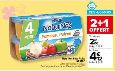 4  POTS  Nestle  NaturNes  Pommes, Poires  Différentes variétés, 4x130g Panachage possible entre les différentes variétés  NaturNes Pots Fruits  NESTLÉ  DÈS 4/6 MOIS  2+1  OFFERT  Vendu seul  2%  Le k