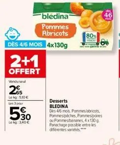 2+1  offert  bledina  pommes  abricots  dès 4/6 mois 4x130g  vendu seul  2  le kg: 510€ les 3 pour  5.0  lokg: 3,40€  desserts bledina des 4/6 mois. pommes/abricots, pommes/péches, pommes/poires ou po