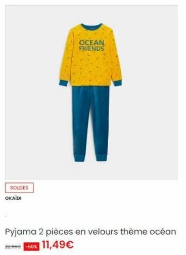 soldes okaïdi  ocean friends  pyjama 2 pièces en velours thème océan 2299€ -50% 11,49€ 